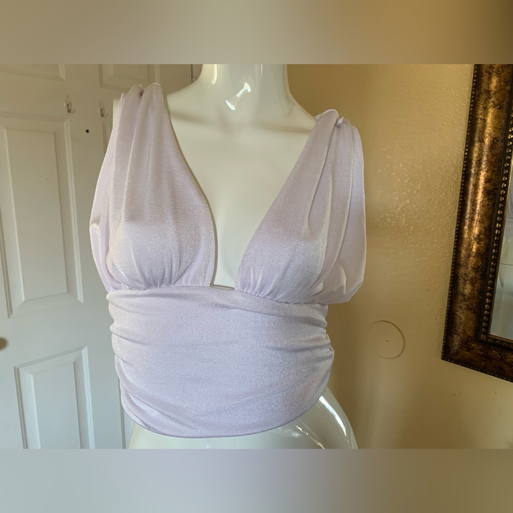 White Iridescent Deep V-Neck Halter top